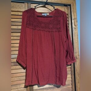 Crochet Yoke Peasant Tunic in Burgundy by Fresh Produce